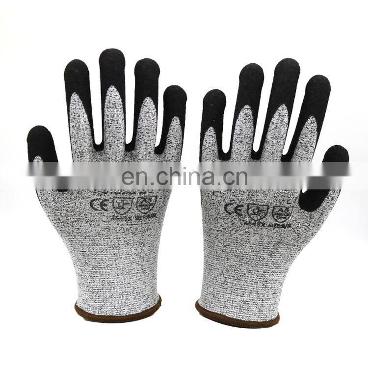 High Performance Cut Level 5 13G HPPE Sandy NItrile Double Dipped Cut Resistant Safety Work Gloves