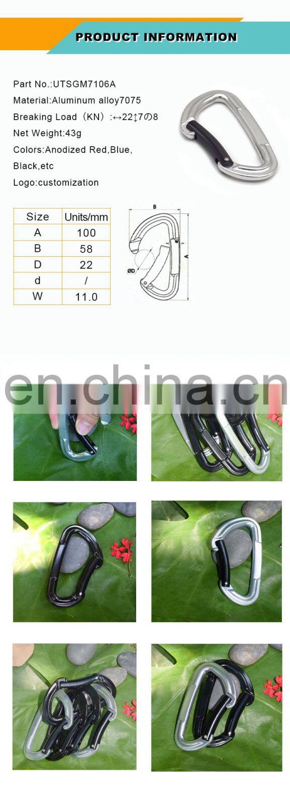 Custom logo black gold D Shape ring solid-locking Mountain Climbing 22KN Aluminum Carabiner Hook