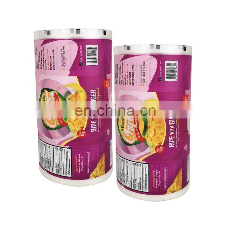 Plastic custom printed banana chips sachet automatic food grade snack packaging roll film 65g plantain chips packaging pouches