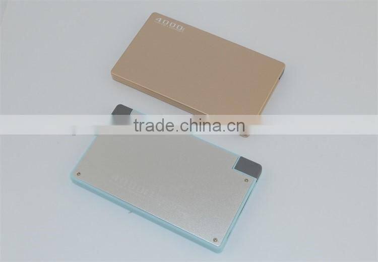 Cheap Slim Built-in Cable Credit Card Golden Power Bank 4000mAh