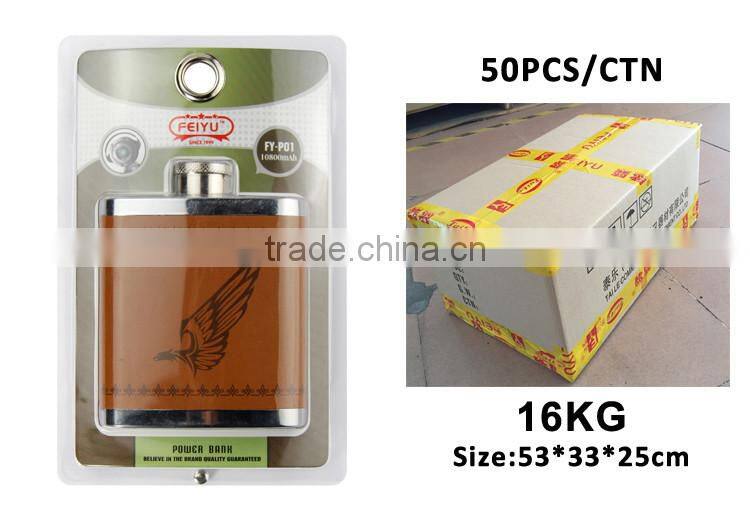 2016 Sale promotion led indicate and faux leather CE ROHS power bank/10800mah flask power bank with electronic products