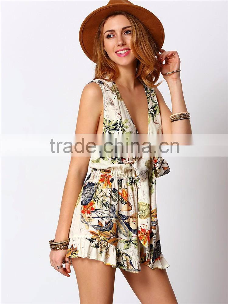2016 latest summer rural style low neckline floral short romper womens playsuit
