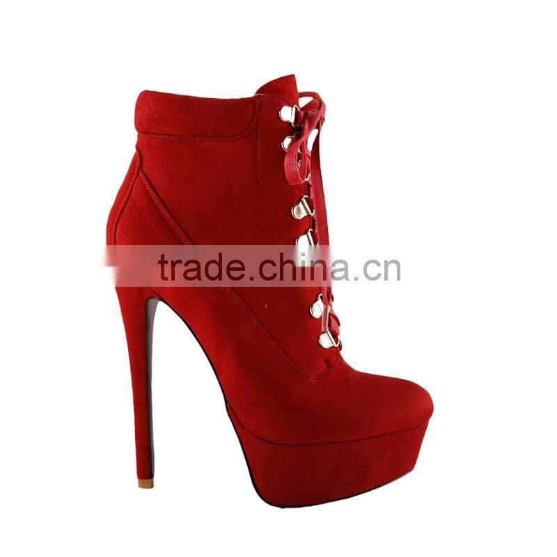 OlzB04 round toe platteau lace up 14 cm high heel suede leather red outsole ankle boots
