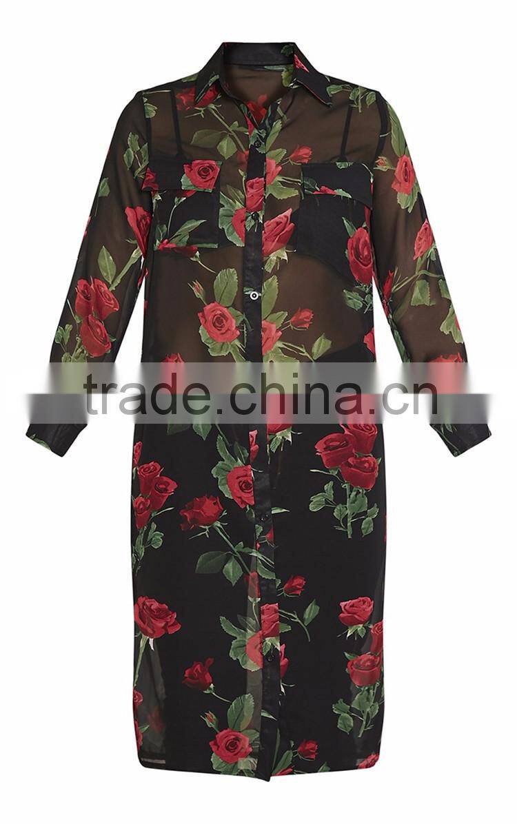 SHANGYI Fashion Black Rose Print Chiffon Longline women Blouse