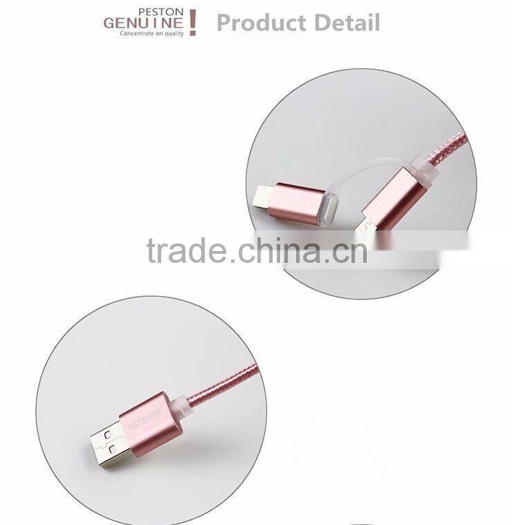 Braided aluminum head MFi 2 in 1 cable c48 to USB PVC multi usb data sync charger cable