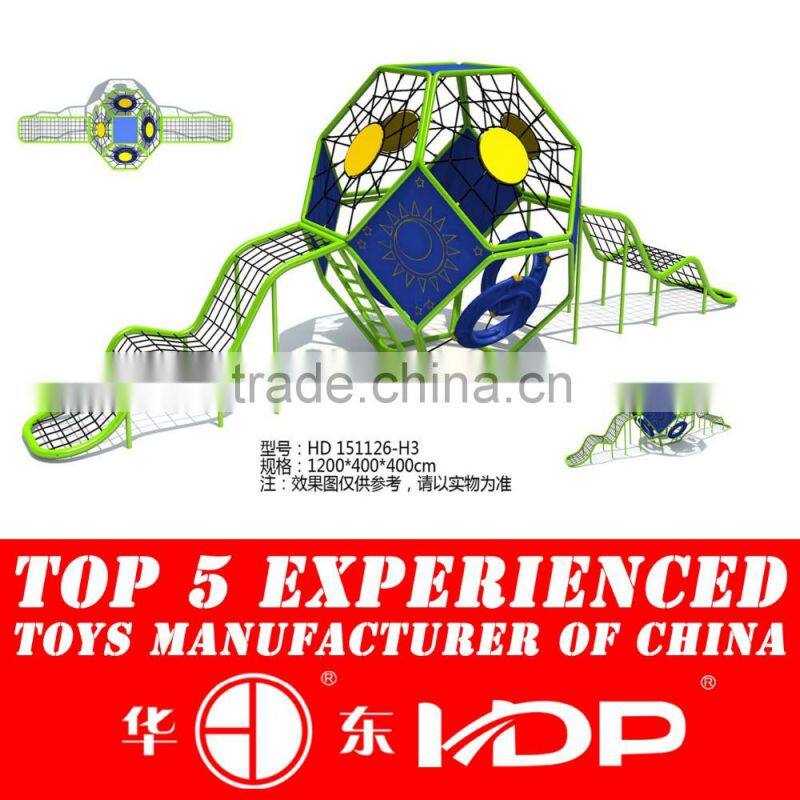 outdoor play structure with climbing rope with tube slide