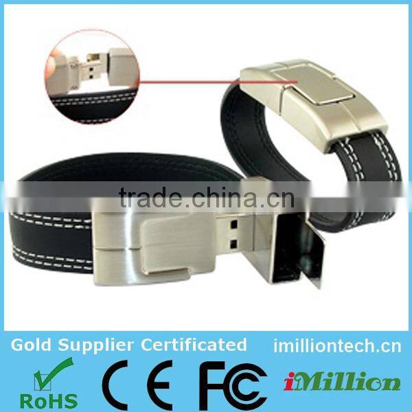 custom Stainless Steel leather cuff bracelet usb with engraved metal plate