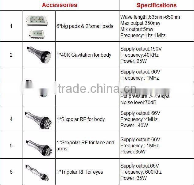 6 in 1 Function ultrasound cavitation rf slimming machine with laser pads