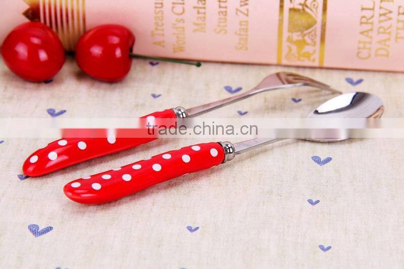 Stainless Steel white polka dot of ceramic handle Zakka spoon and fork