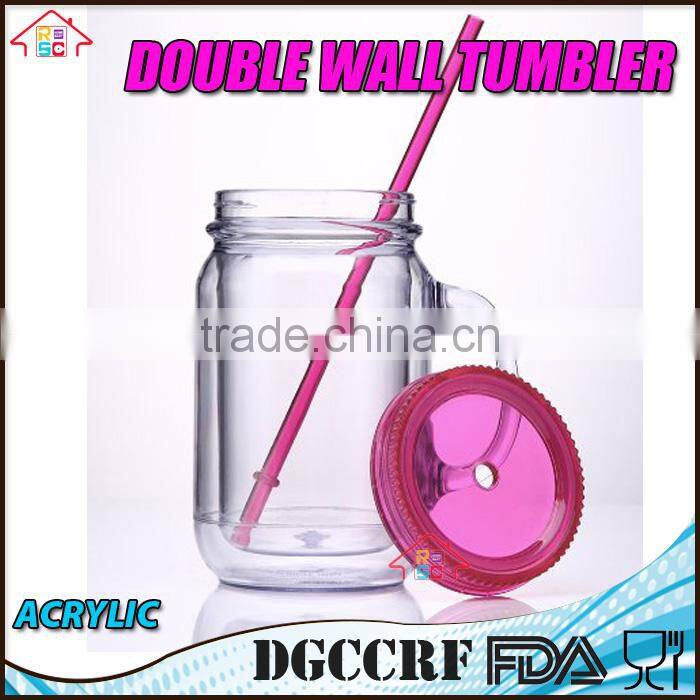 NBRSC Double Wall Insulated Plastic Jar Tumbler Mug with Striped Straws