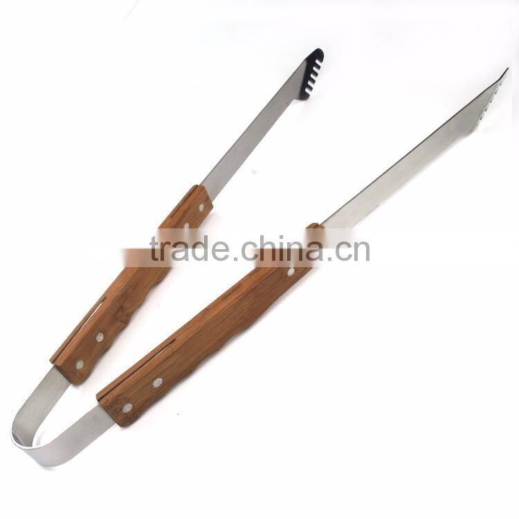 Daily useful cheap kitchen stainless steel bbq food tong with bamboo handle