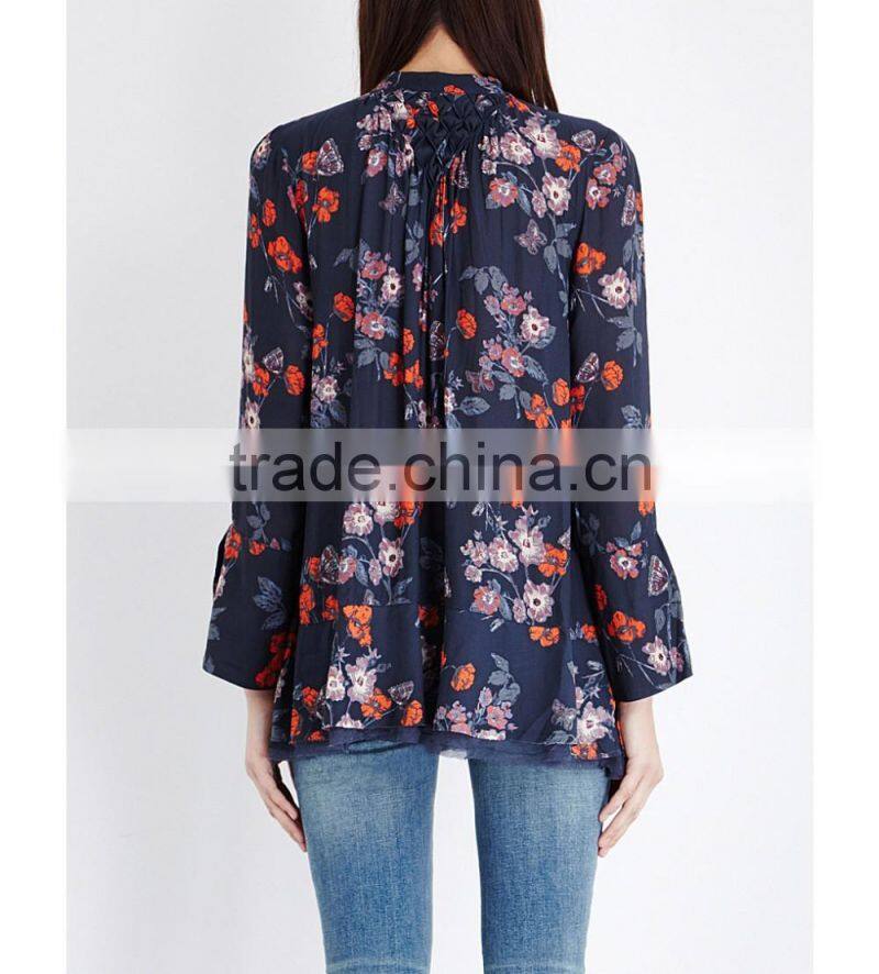 Wholesale Women Band Collar Long Sleeves Slit Cuffs Semi Sheer Floral Print Georgette Blouse(DQE0159T)