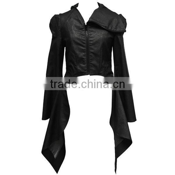 Special Deisgn Cool Style Long Flared Side Neck Design Black Leather Jacket for Women