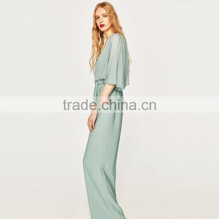 HAODUOYI Light Green Patchwork Women Jumpsuit V-neck Half Sleeve Sashes Elegant Culottes Perspective Lady Jumpsuit for Wholesale