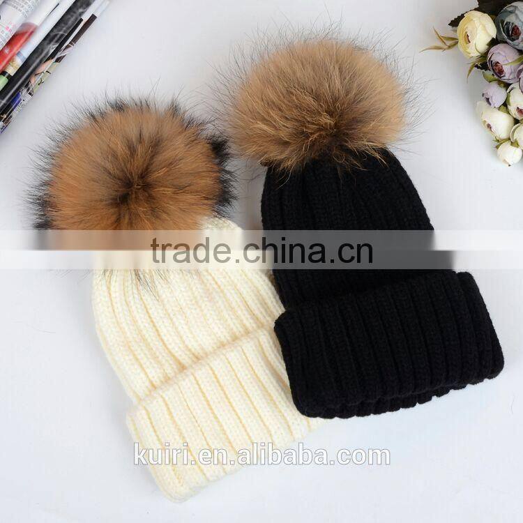 High quality cashmere knitted hat with huge big fur pompoms KR-H008