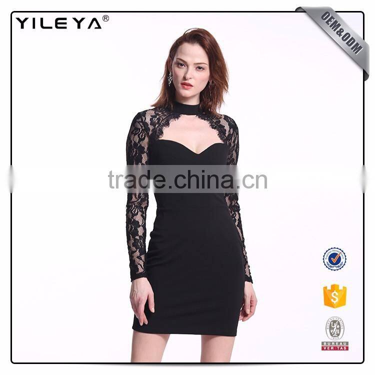 Factory price black lace long sleeve dress,short sexy cocktail dress patterns,black lace dress long sleeve