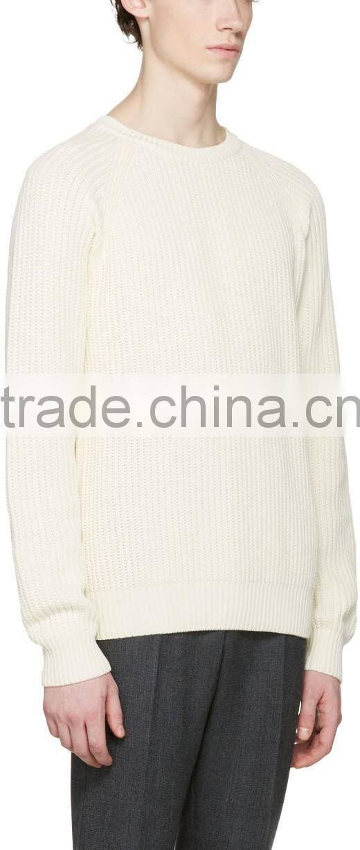 Crew Neck Long Raglan Sleeve Ribbed Cotton Jersey Sweater in Off White for Men