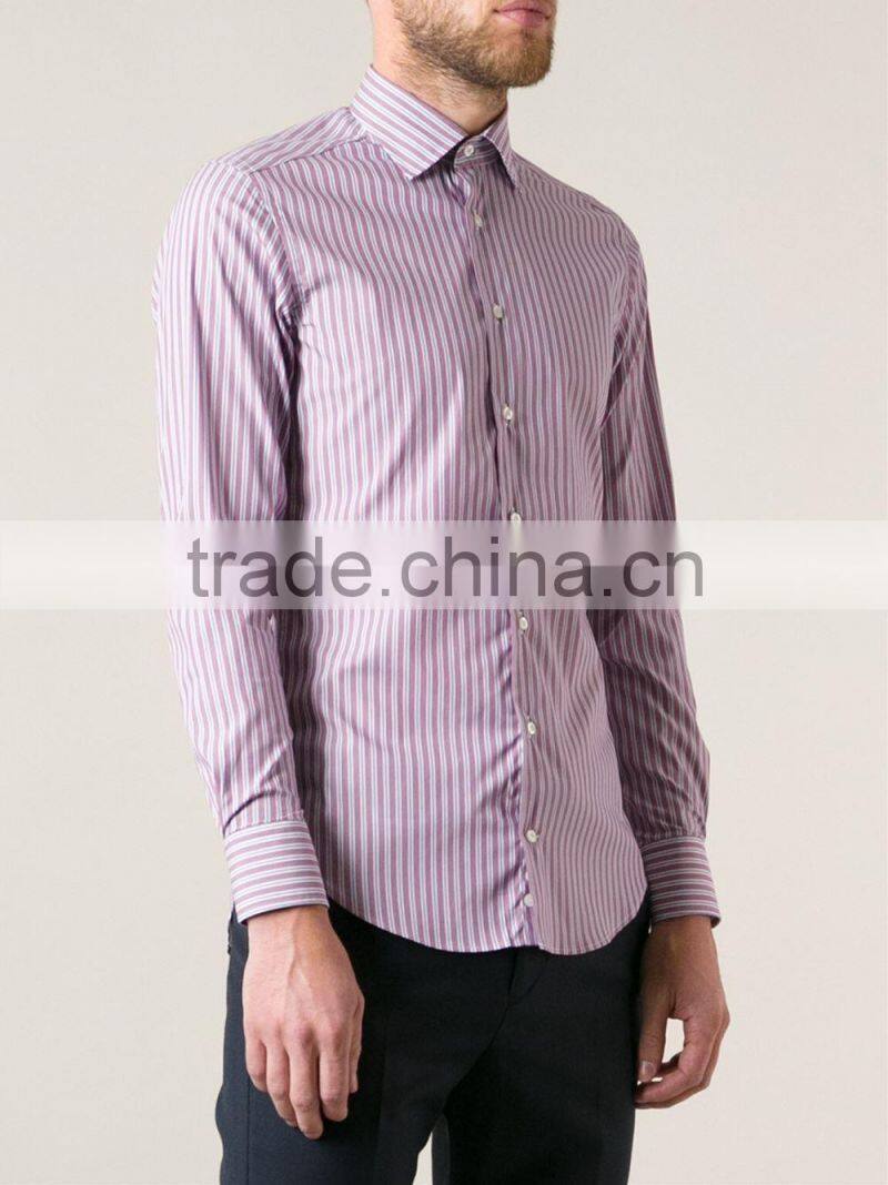 Pink cotton vertical stripes long sleeve men's classic shirt