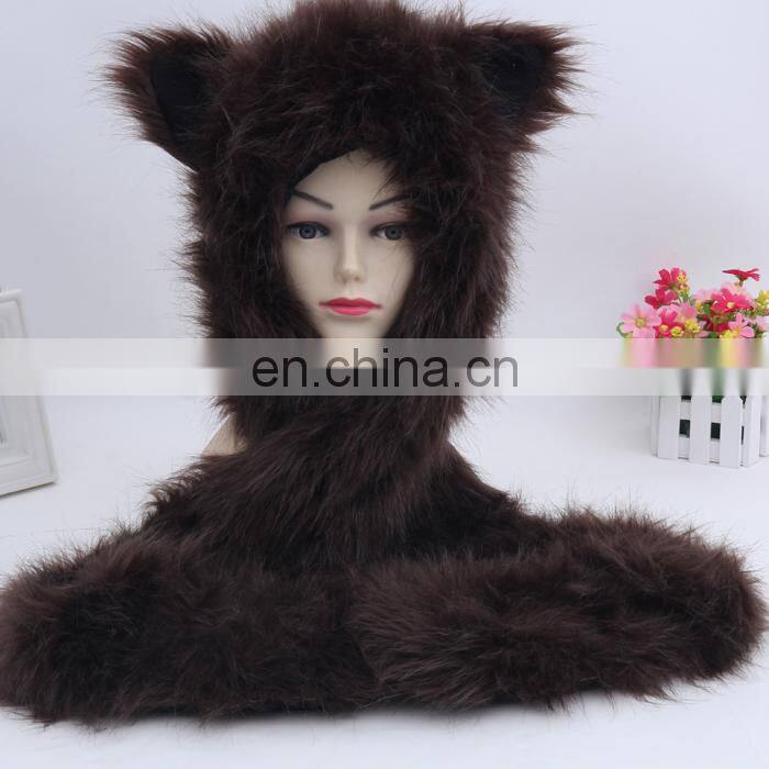 Plush Brown Bear Spirit Hoods Furry Animal Plush Hats With Mittens