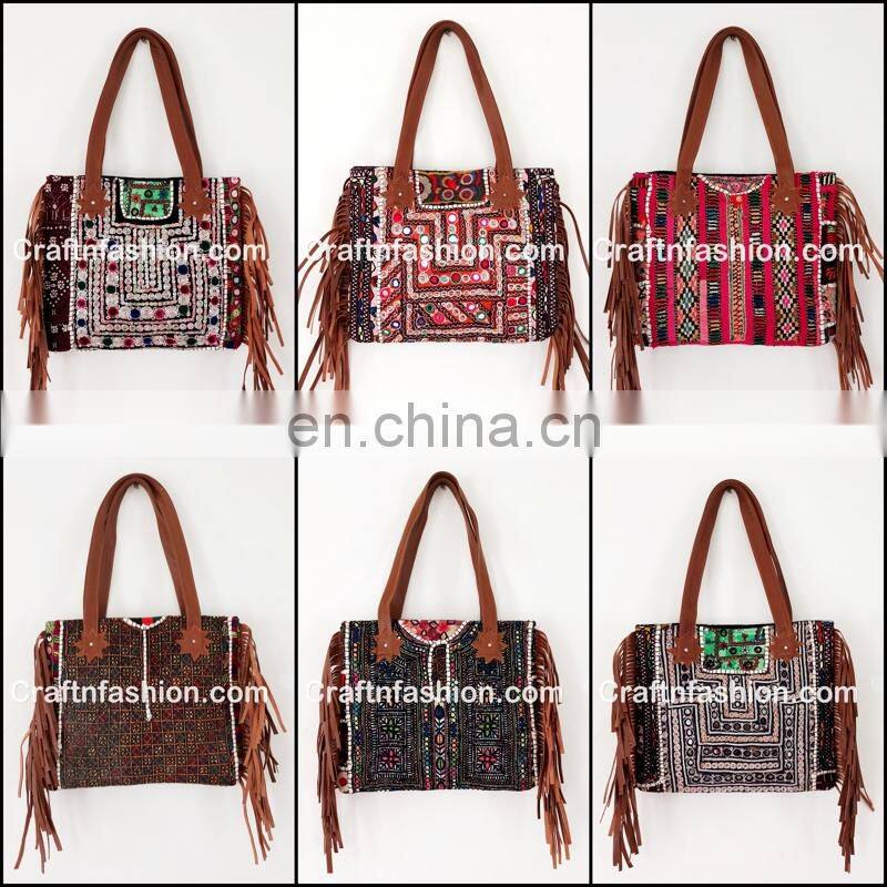 indian village Handmade Embroidery work Fringes leather bag- Antique Indian Banjara leather fringe Tote Bag- Indian Vintage bag