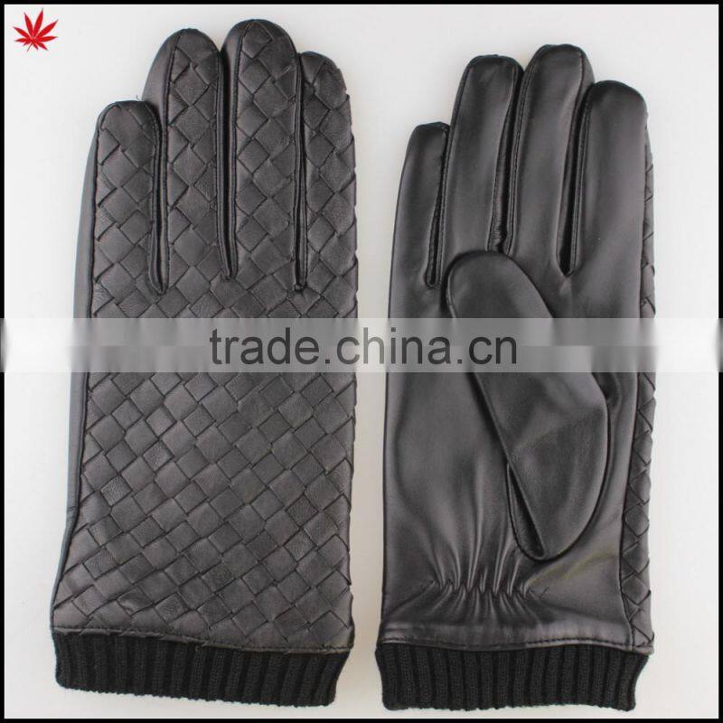 2016 men sheepskin leather glove with Knit cuff and the back of hand woven leather