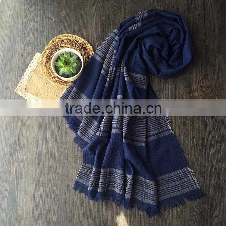 Fashion New Arrival Women Lady Long Plain Cotton Linen Striped Yarn Dyed Scarf