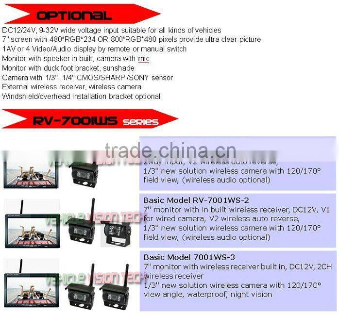 7inch analog wireless car camera system with 4CH display switch & CMOS/CCD camera
