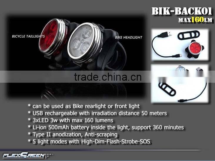 160lumen USB rechargeable red 3w Led bicycle tail light
