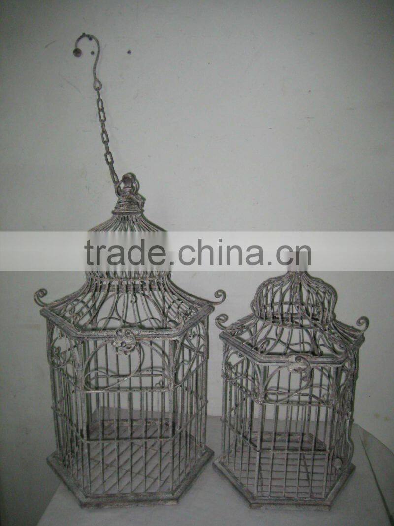 hexagonal metal bird cage w/antique grey finish-s/2