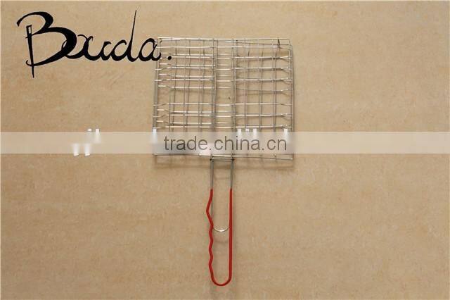 Stainless Steel Double Barebecue bbq Grill Net with wooden handle BD-B8100