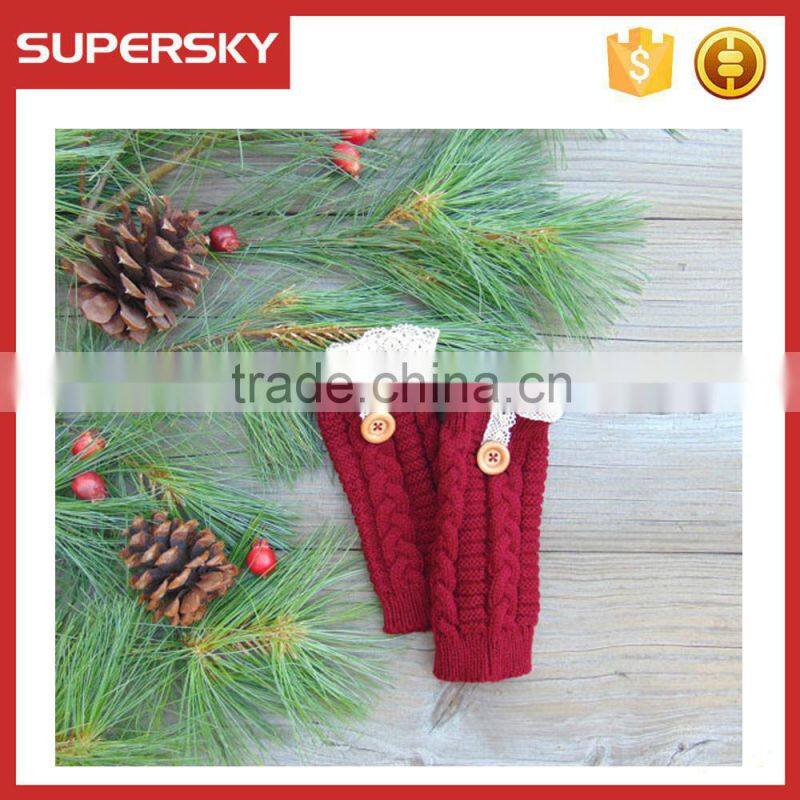 V-57 lace ruffle crochet cable knitting fingerless winter mitten gloves with button knitting arm warmer