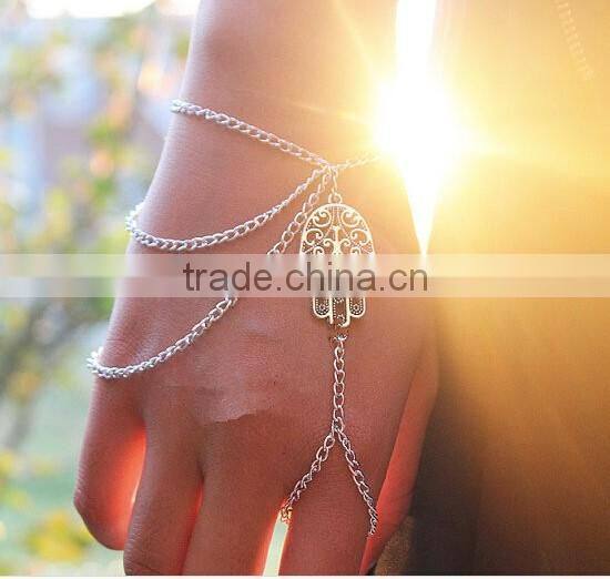 Unique Harness Slave Chain Buddha's-hand Link Finger Ring Bracelet Bangle Tassel