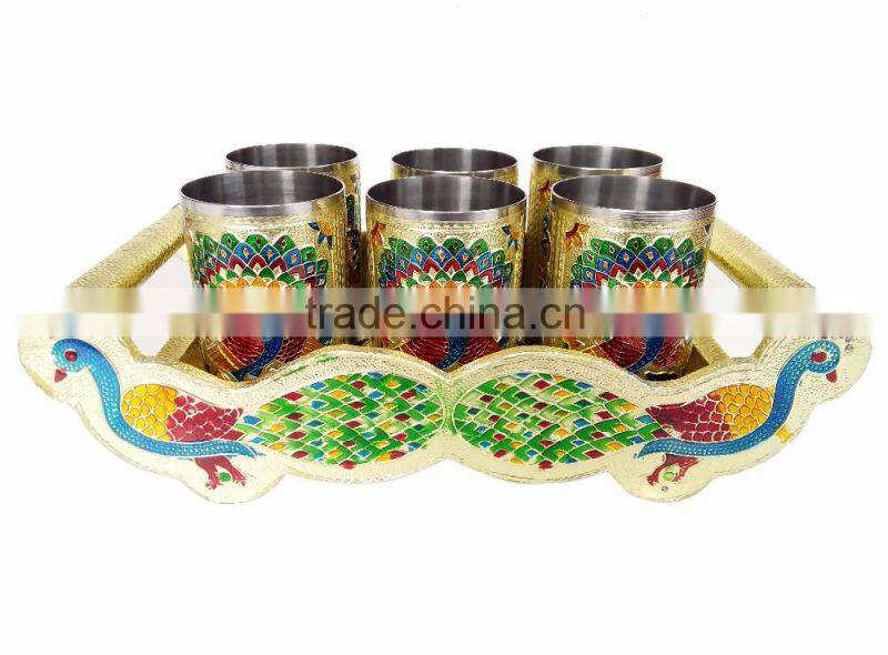 TWIN PEACOCK Designed WOODEN MEENAKARI TRAY WITH MATCHING 6-GLASSES SET - G.M.