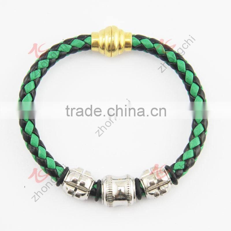 stainless steel magnet clasp with green leather braided cuff bangle