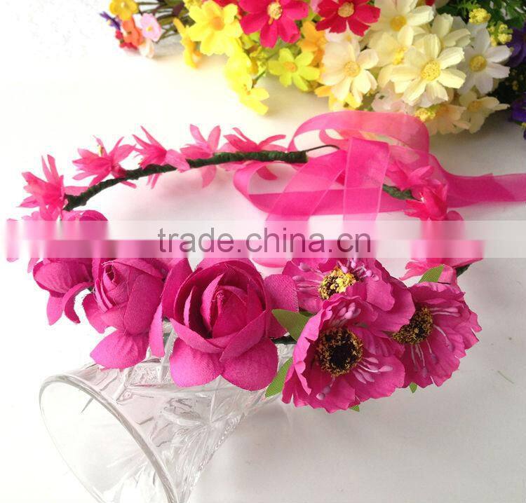 Fashion Mary Girl Flower Garland 100% handmade Pink Rose head ornament Hawaii wreaths