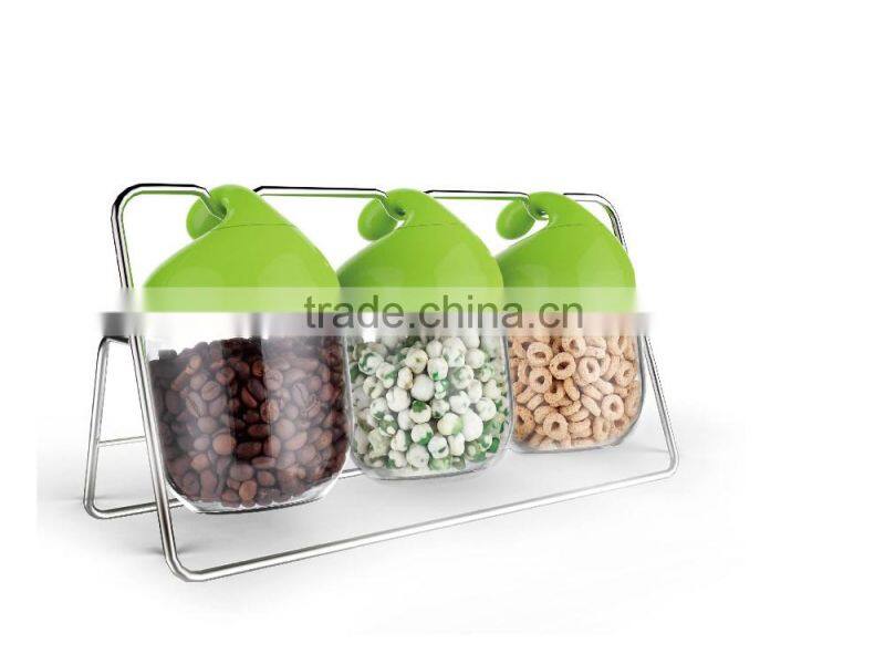 SINOGLASS trade assurance with rack 3 pcs set 450ml unique design plastic clip top glass food storage jar