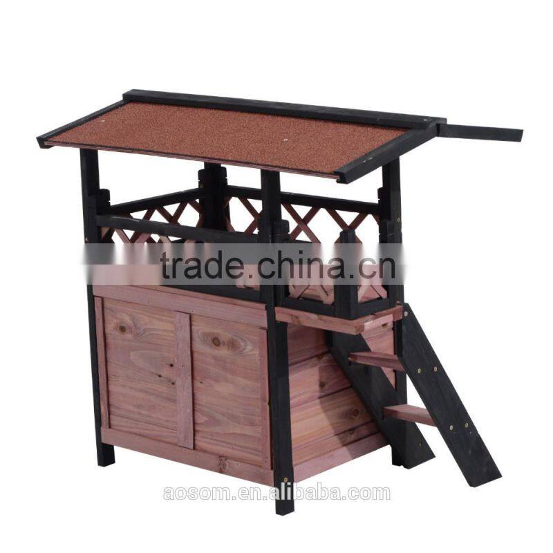 PawHut 2-Story Wood Indoor/Outdoor Cat House -Brown