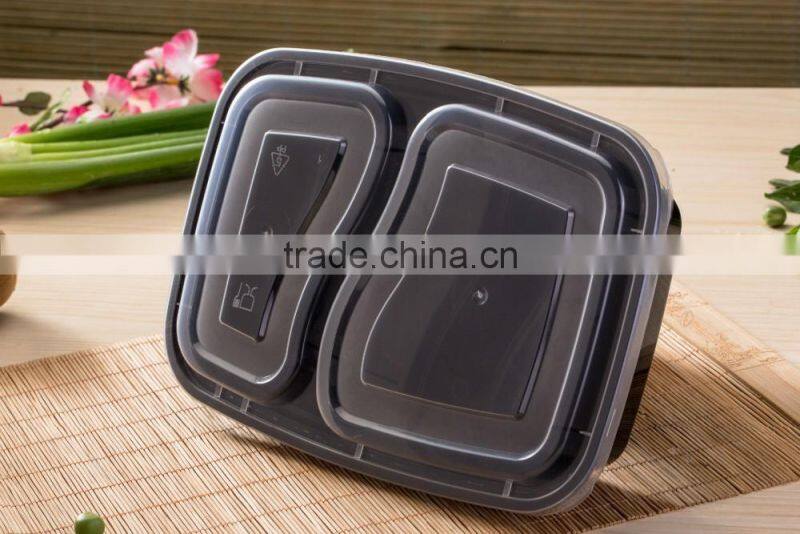 High quality 2 dividers black plastic food bento boxes