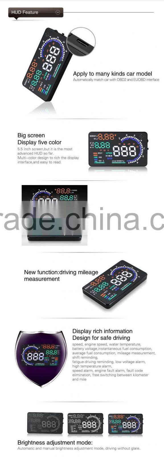 Hot-selling New Colorful Big 5.5 Display Screen Car HUD Head Up Display OBD2 Feul Comsuption/Speed/Tire Pressure Alarm Car HUD