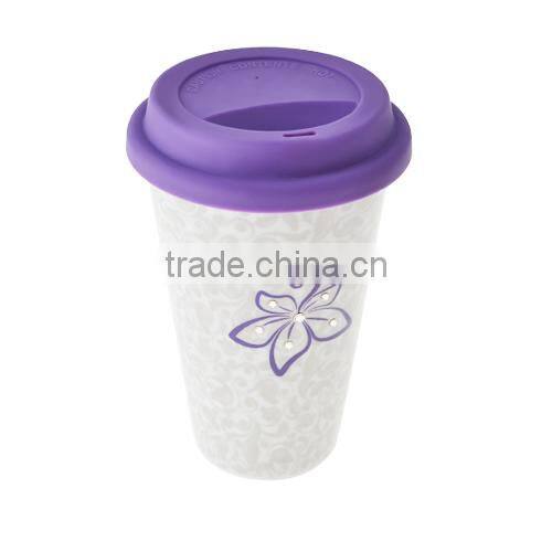 Hot Promotion Gift Ceramic Bauhinia Flower Double Wall Mug with Silicone Lid Made with Crystals