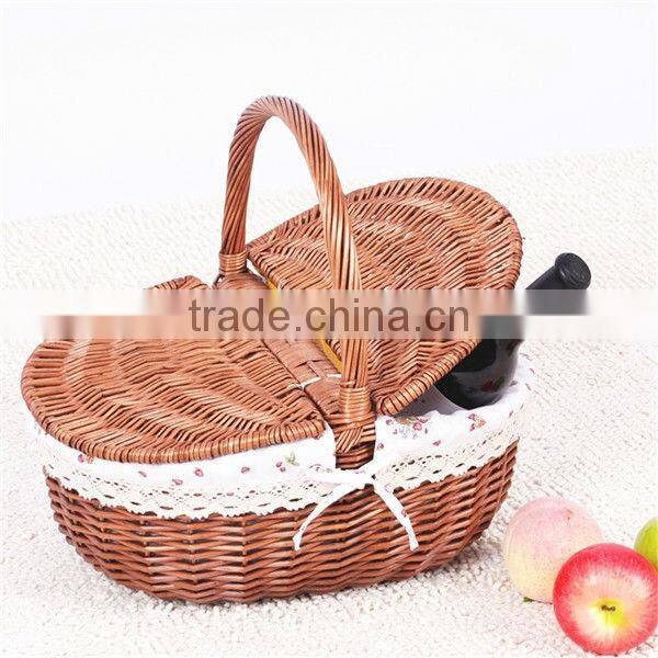 Handweave wicker picnic basket with handle and flexible double half-round lids