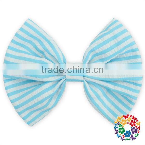 Fashion Hot Sale Blue white Stripe Seersucker Hair bows 5" boutique hair bows