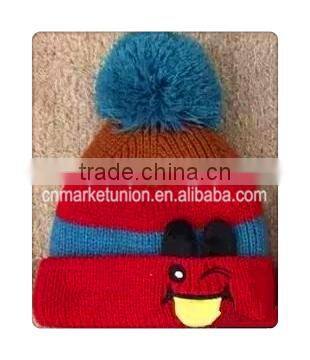 whole sale striated warm hat with happy face and top ball ,winter colorful caps