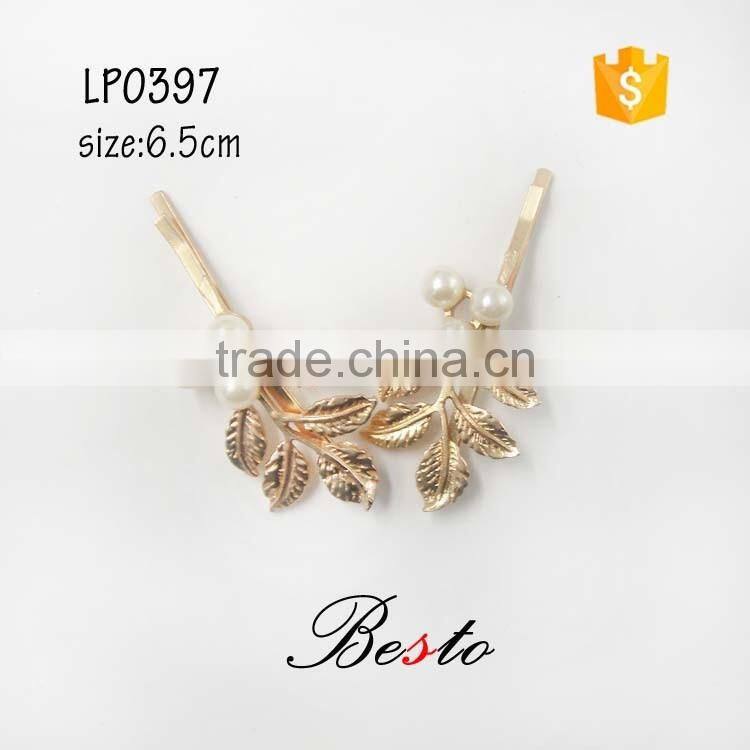 2016 New item pearl gold leaf hair clip for hair accessory