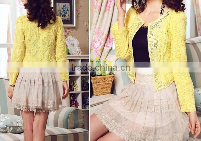 2015 ladies quality coat yellow sheer wholesale factory beaded coat