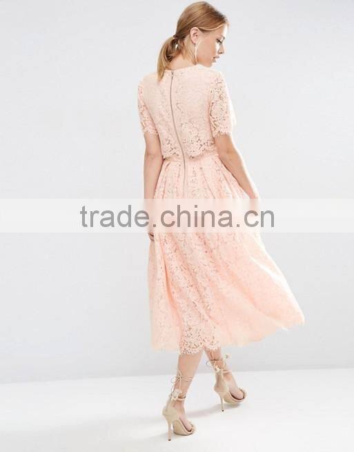 Pink lace crop top and puff skirt wedding dress Girl's short sleeve prom two piece set