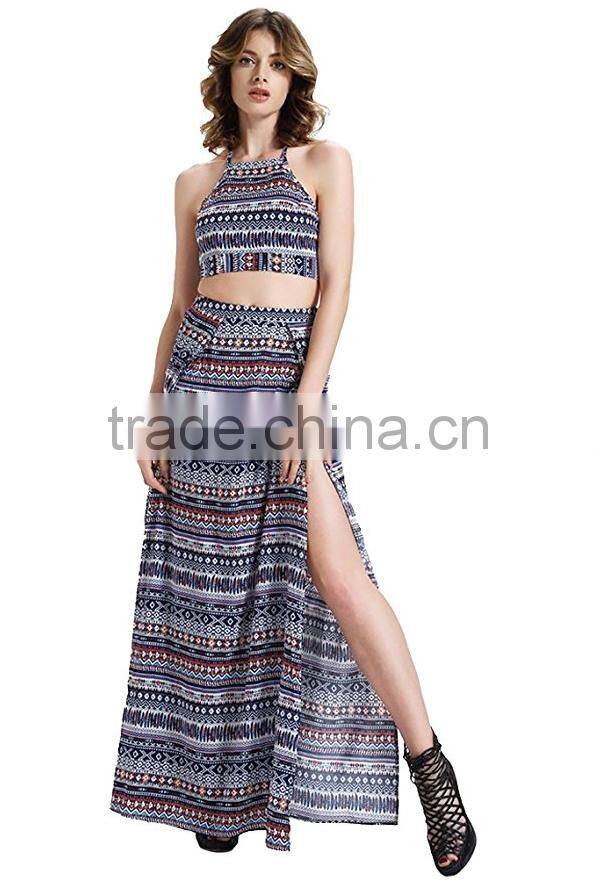 long skirt with kurti and tops for Sexy Women 2 Pieces Floral Halter Backless Crop Top + Maxi Skirt Set