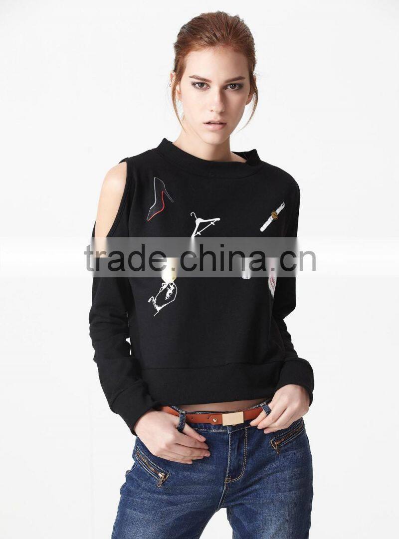 Dew shoulder cute cartoon printing bomber fleece sweater