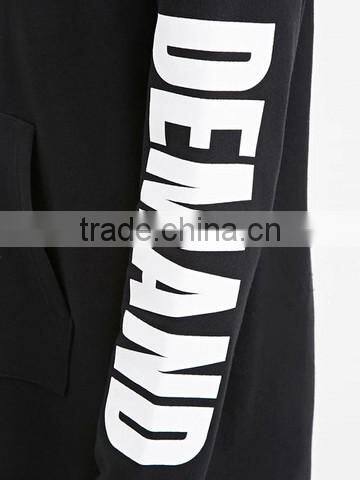 print Letters Sleeves 3/4 Zipper Front Black Long Hoodie thin hoodie women's
