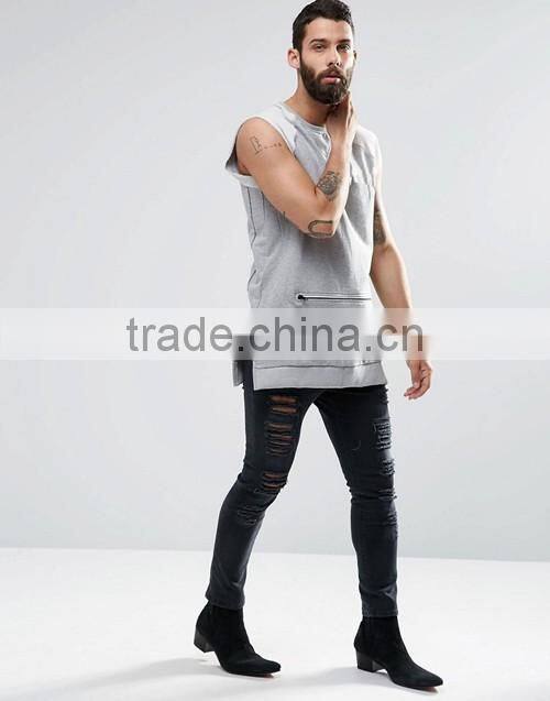 OEM wholesale men stylish zip pocket sleeveless sweatshirt